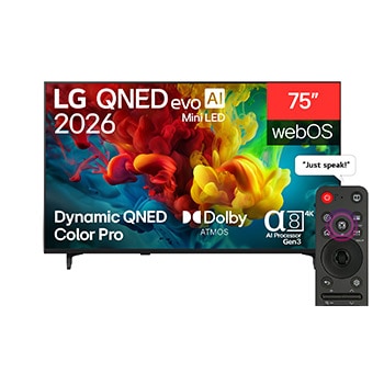 Front view of 75 inch LG QNED evo AI QNED84 Mini LED 4K Smart TV 2026 75QNED84B6T