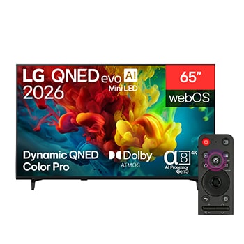 Front view of 65 inch LG QNED evo AI QNED84 Mini LED 4K Smart TV 2026 65QNED84B6T