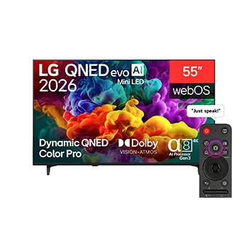 Front view of 55 inch LG QNED evo AI QNED85 Mini LED 4K Smart TV 2026 55QNED85B6T