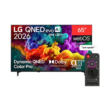 Front view of 65 inch LG QNED evo AI QNED85 Mini LED 4K Smart TV 2026 65QNED85B6T