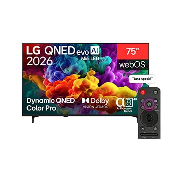 Front view of 75 inch LG QNED evo AI QNED85 Mini LED 4K Smart TV 2026 75QNED85B6T