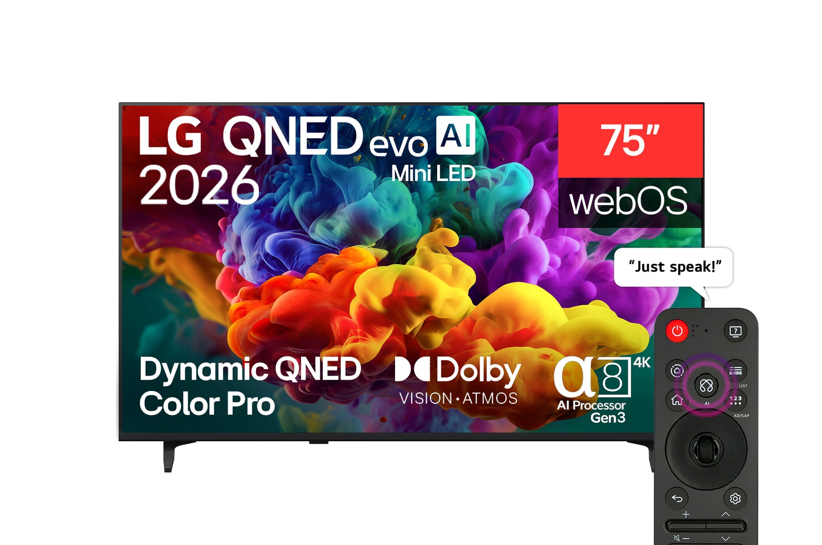 Front view of 75 inch LG QNED evo AI QNED85 Mini LED 4K Smart TV 2026 75QNED85B6T