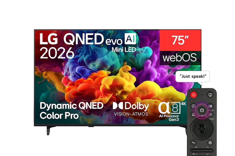 Front view of 75 inch LG QNED evo AI QNED85 Mini LED 4K Smart TV 2026 75QNED85B6T