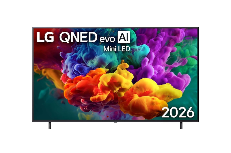 Front view of 75 inch LG QNED evo AI QNED85 Mini LED 4K Smart TV 2026 75QNED85B6T