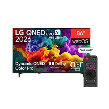 Front view of 86 inch LG QNED evo AI QNED85 Mini LED 4K Smart TV 2026 86QNED85B6T