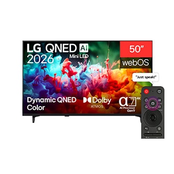 The front view of LG QNED AI QNED70 Mini LED, released in 2026, fills the screen with vivid, fluid splashes of multicolored motion, as finely layered colors disperse smoothly across the display.