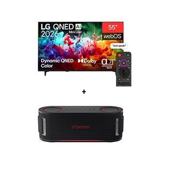 Front view of 55 inch LG QNED AI QNED70 Mini LED 4K Smart TV 2026+LG xboom Bounce by will.i.am 55QNED70B.BOUNCE