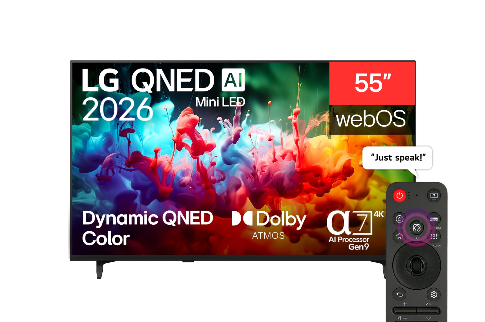 Front view of 55 inch LG QNED AI QNED70 Mini LED 4K Smart TV 2026 55QNED70B6T
