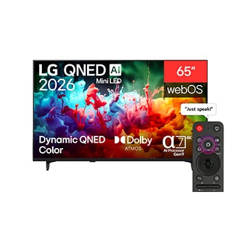 Front view of 65 inch LG QNED AI QNED70 Mini LED 4K Smart TV 2026 65QNED70B6T