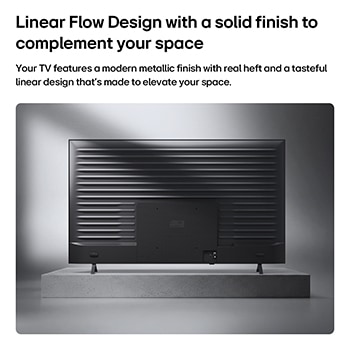 LG QNED AI QNED70 Mini LED is shown from the back, revealing a metallic rear panel with evenly spaced horizontal ridges that create a clean, structured look and emphasize the Linear Flow Design across the entire surface.