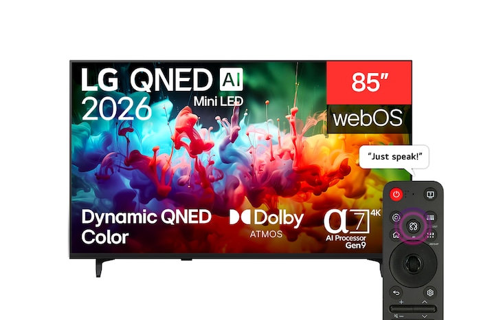 The front view of the LG QNED AI QNED70 Mini LED, released in 2026, displays vivid, fluid splashes of multicolored motion, featuring Dynamic QNED Color, Mini LED, an alpha 7 AI Processor 4K Gen9, webOS, and an 85-inch display.