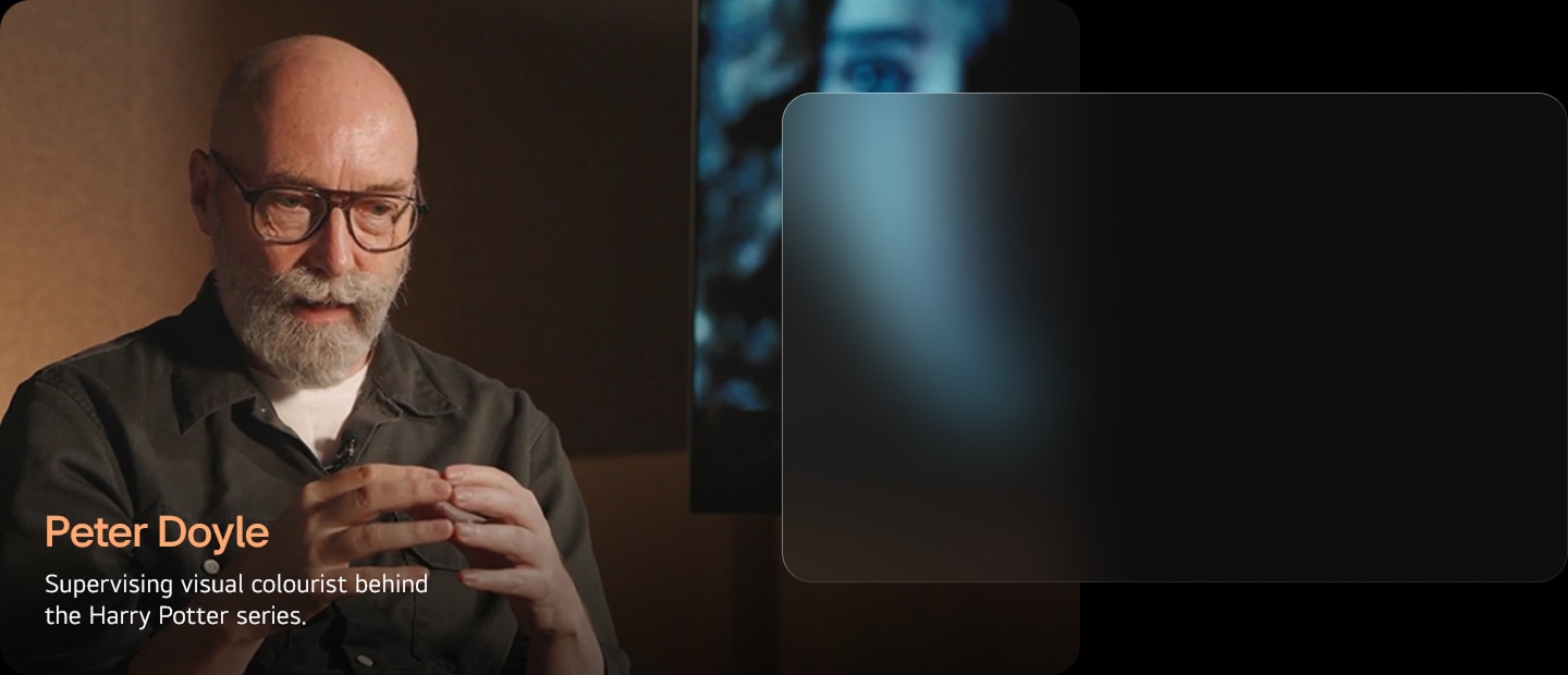 Peter Doyle, supervising visual colourist behind the Harry Potter series, speaks while gesturing with his hands in a warm, softly lit setting, conveying a professional and thoughtful atmosphere.