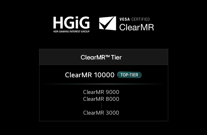 HGiG and VESA Certified ClearMR logos appear above a ClearMR tier chart highlighting ClearMR 10000 as top-tier, alongside lower tiers including 9000, 8000, and 3000.
