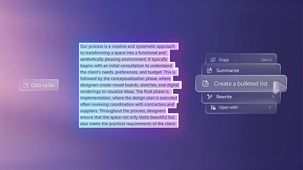 Esta imagen muestra un bloque de texto resaltado sobre un fondo degradado con un menú de acciones que ofrece opciones como copiar, resumir y crear una lista con viñetas, lo que representa visualmente las funciones de productividad con un solo clic.