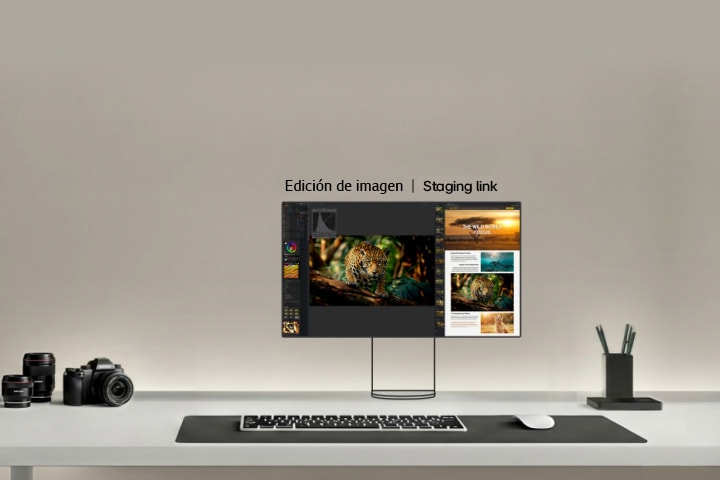 Este vídeo muestra una configuración de doble monitor para fotógrafos, donde el monitor principal se utiliza para la edición fotográfica en alta resolución, mientras que el monitor secundario muestra paneles de herramientas, imágenes de referencia y bibliotecas de recursos para facilitar flujos de trabajo detallados de edición de imagen y corrección de color.