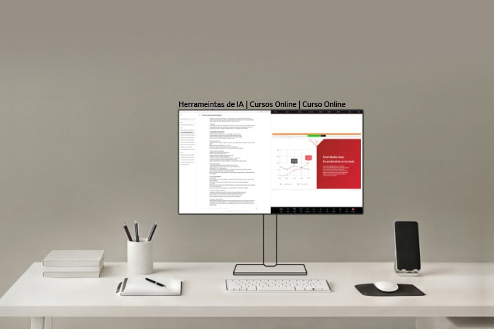 Este vídeo muestra una configuración de oficina con doble monitor para profesionales, donde la pantalla principal muestra documentos y presentaciones, mientras que la secundaria muestra contenido web, herramientas de comunicación y paneles de datos para facilitar el multitasking y la toma de decisiones.