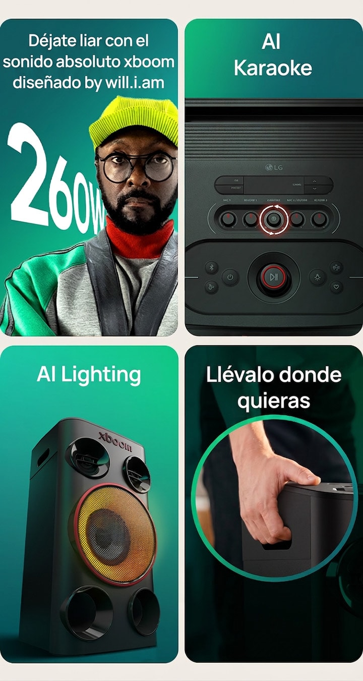 1) LG xboom Power 5000 party speaker, featuring 260W output and signature sound tuned by will.i.am. 2) LG xboom Power 5000, a karaoke party speaker with AI Karaoke Master 3) LG xboom Power 5000 party speaker delivering multicolour lighting effects as a speaker with lights 4) LG xboom Power 5000 party speaker, featuring portable handles for easy carrying.