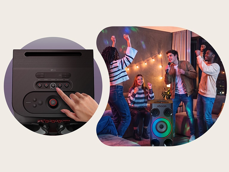 People singing in front of the LG xboom Power 5000, enabling AI Karaoke with Vocal Remover and key changer, no app needed.