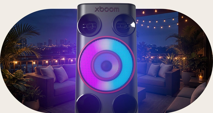 LG xboom Power 5000 party speaker with multicoloured AI Lighting, a speaker with lights that create synchronised motion effects to the music.