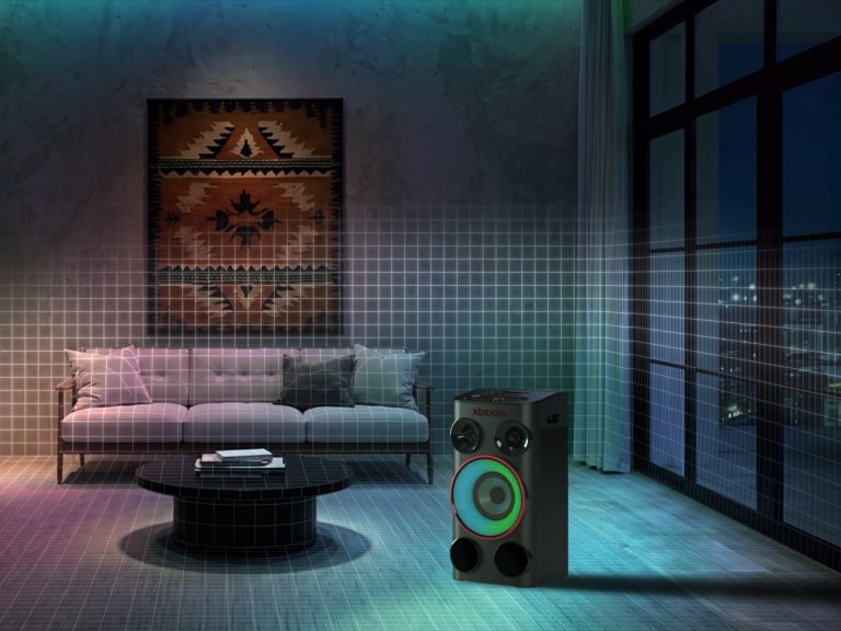 LG xboom Power 5000 party speaker with Space Calibration Pro for tailored sound in a spacious living room