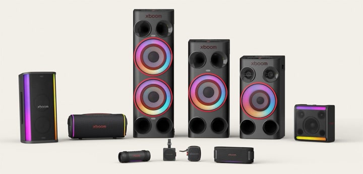 LG xboom lineup with synchronised lighting effects across multiple speakers, creating one connected beat and synchronised glow