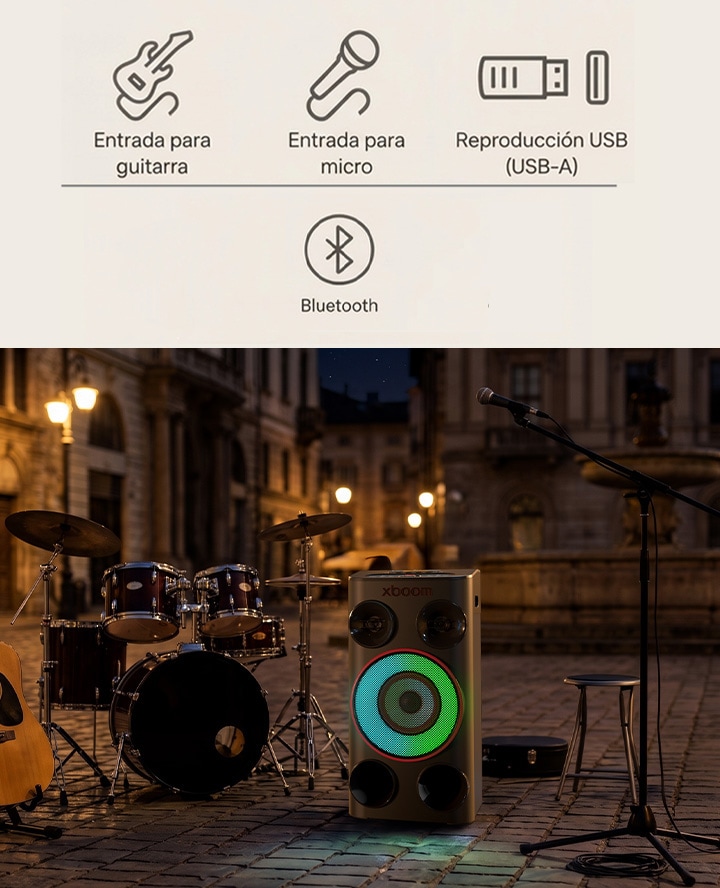 LG xboom Power 5000 party speaker featuring guitar, drum, microphone, and multiple audio inputs for seamless connectivity with multiple devices.