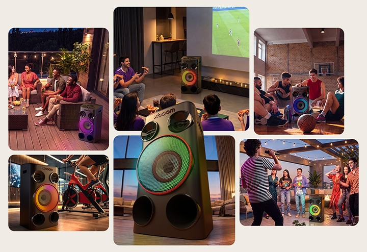 1) LG xboom Power 5000 party speaker at a rooftop gathering 2) LG xboom Power 5000 party speaker during a home football watch party 3)LG xboom Power 5000 party speaker beside an indoor basketball game 4) LG xboom Power 5000 party speaker in an indoor cycling studio 5) LG xboom Power 5000 party speaker with multicolour lighting indoors 6) LG xboom Power 5000 party speaker at a rooftop karaoke party