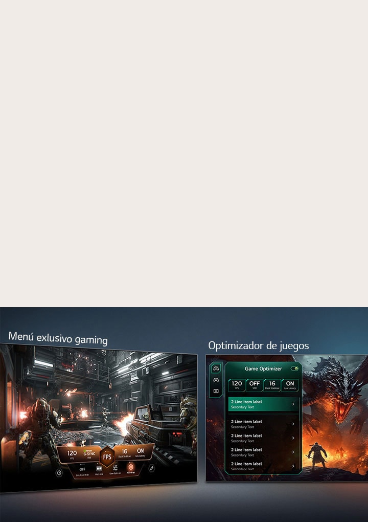 El LG Mini RGB evo AI MRGB85 con Game Dashboard y Optimizer muestra pantallas de juego lado a lado y un menú en pantalla para ajustar configuraciones de juego como frecuencia de refresco, latencia y modos visuales en tiempo real.