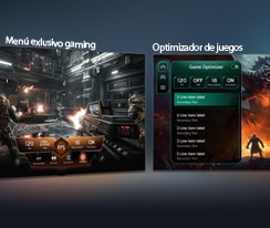 LG NANO 4K UHD AI NU85 con Game Dashboard y Optimizer muestra pantallas de juego lado a lado y un menú en pantalla para ajustar en tiempo real configuraciones de juego como tasa de refresco, latencia y modos visuales.
