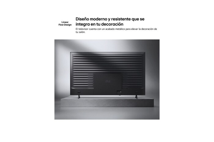 LG NANO 4K UHD AI NU85 is shown from the back, revealing a metallic rear panel with evenly spaced horizontal ridges that create a clean, structured look and emphasize the Linear Flow Design across the entire surface.