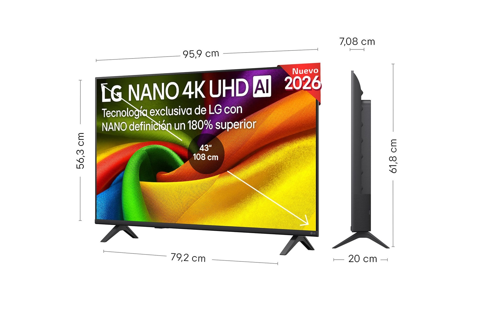LG NANO 4K UHD AI NU85 shown in front and side views highlights a 50-inch display with a 1112 mm-wide screen, 649 mm screen height, 711 mm height with stand, a 70.8 mm profile depth, and a stand footprint measuring 902 by 230 mm.