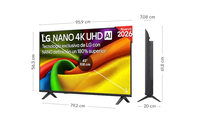 LG NANO 4K UHD AI NU85 shown in front and side views highlights a 50-inch display with a 1112 mm-wide screen, 649 mm screen height, 711 mm height with stand, a 70.8 mm profile depth, and a stand footprint measuring 902 by 230 mm.