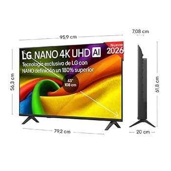LG NANO 4K UHD AI NU85 shown in front and side views highlights a 50-inch display with a 1112 mm-wide screen, 649 mm screen height, 711 mm height with stand, a 70.8 mm profile depth, and a stand footprint measuring 902 by 230 mm.