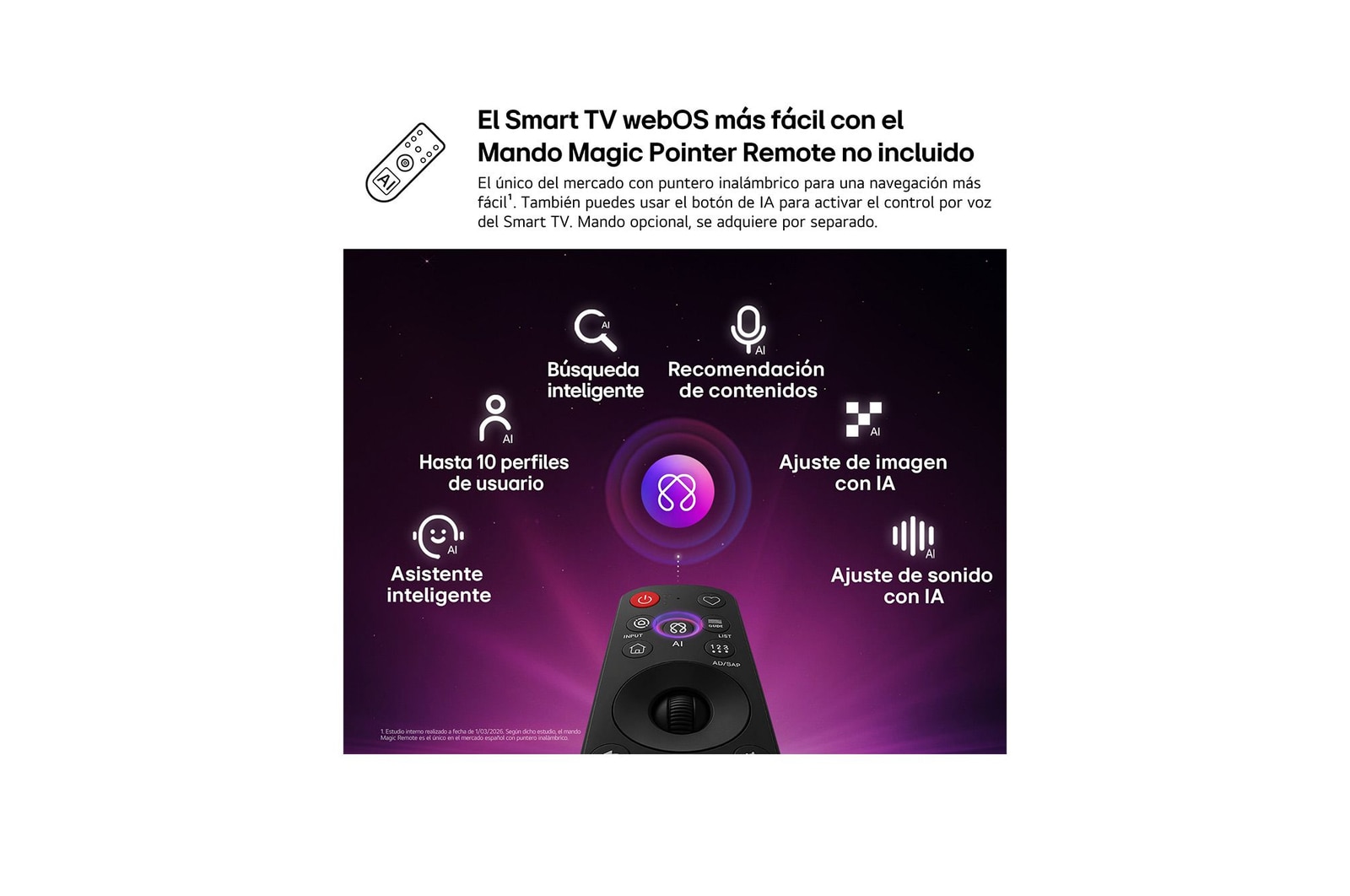 LG NANO 4K UHD AI NU85 features AI Hub for personalization, with an AI icon above a remote control surrounded by labels for Multi AI Search, AI Concierge, AI Voice ID with My Page, AI Chatbot, AI Picture Wizard, and AI Sound Wizard.
