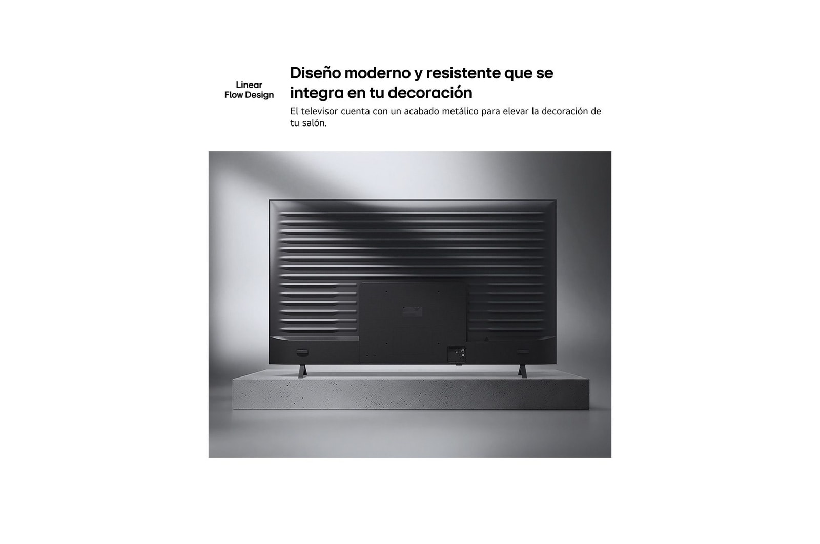 LG NANO 4K UHD AI NU85 is shown from the back, revealing a metallic rear panel with evenly spaced horizontal ridges that create a clean, structured look and emphasize the Linear Flow Design across the entire surface.