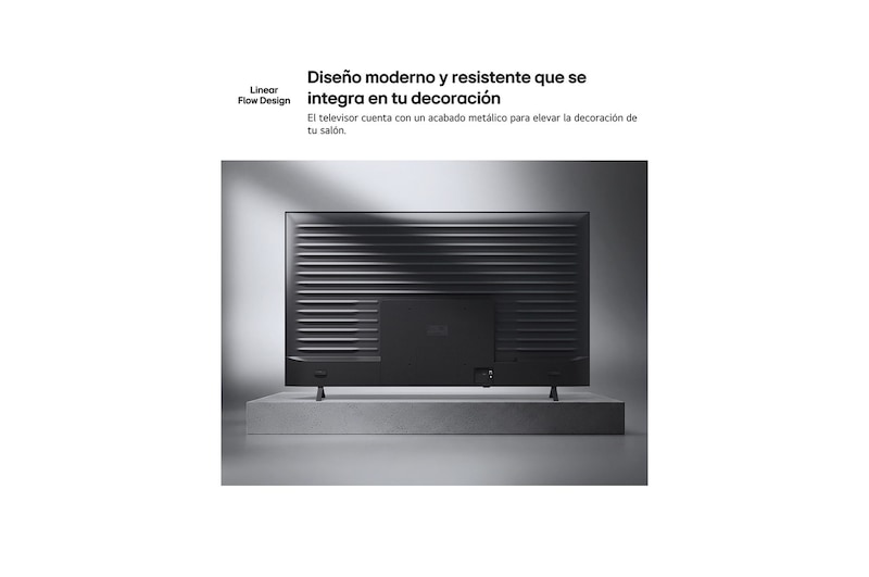 LG NANO 4K UHD AI NU85 is shown from the back, revealing a metallic rear panel with evenly spaced horizontal ridges that create a clean, structured look and emphasize the Linear Flow Design across the entire surface.