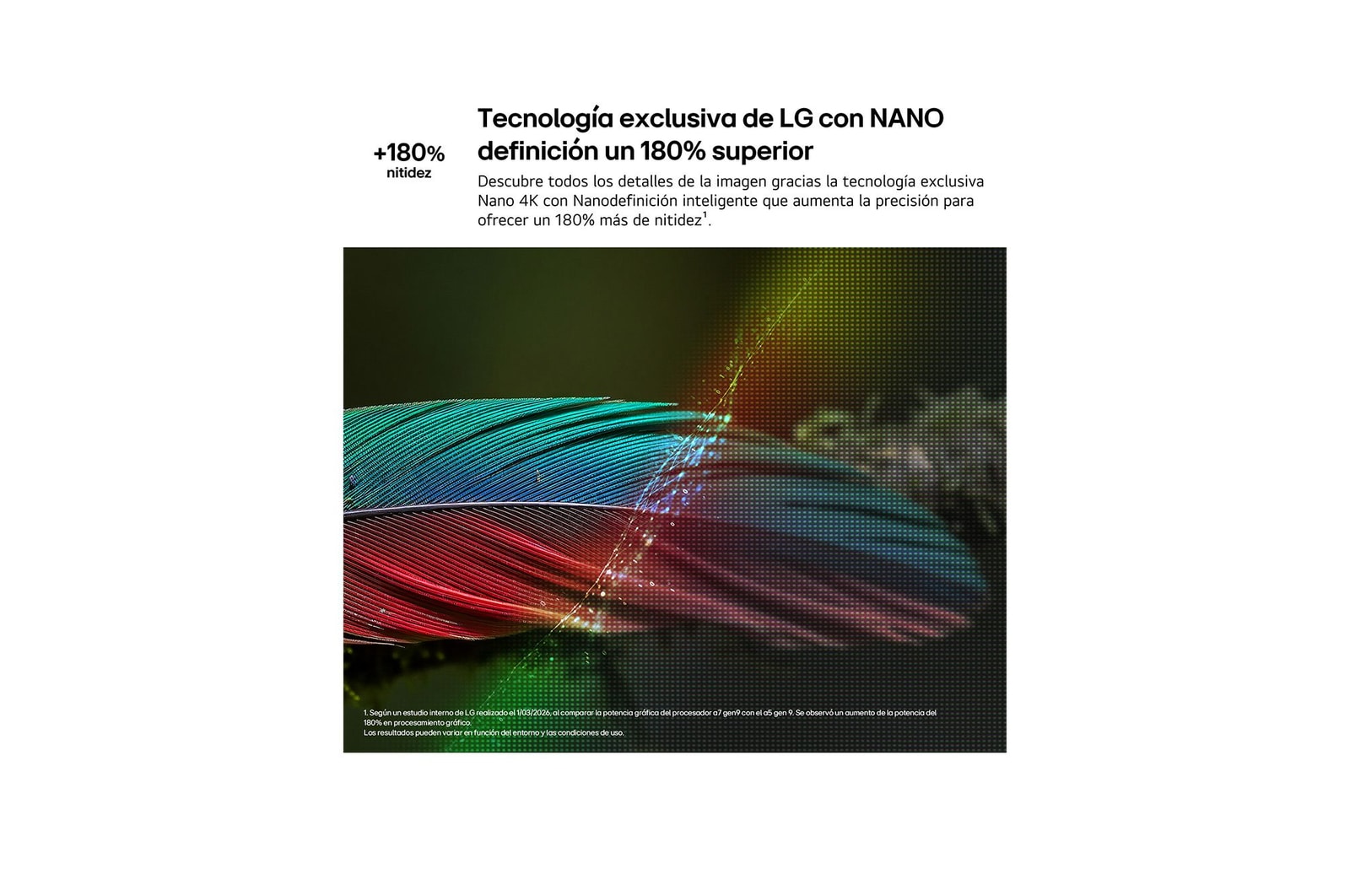 LG NANO 4K UHD AI NU85 with Nano Detail Enhancer shows a feather image, powered by the alpha AI Processor that detects fine textures to enhance contrast and depth and deliver a clearer, more three-dimensional 4K picture.