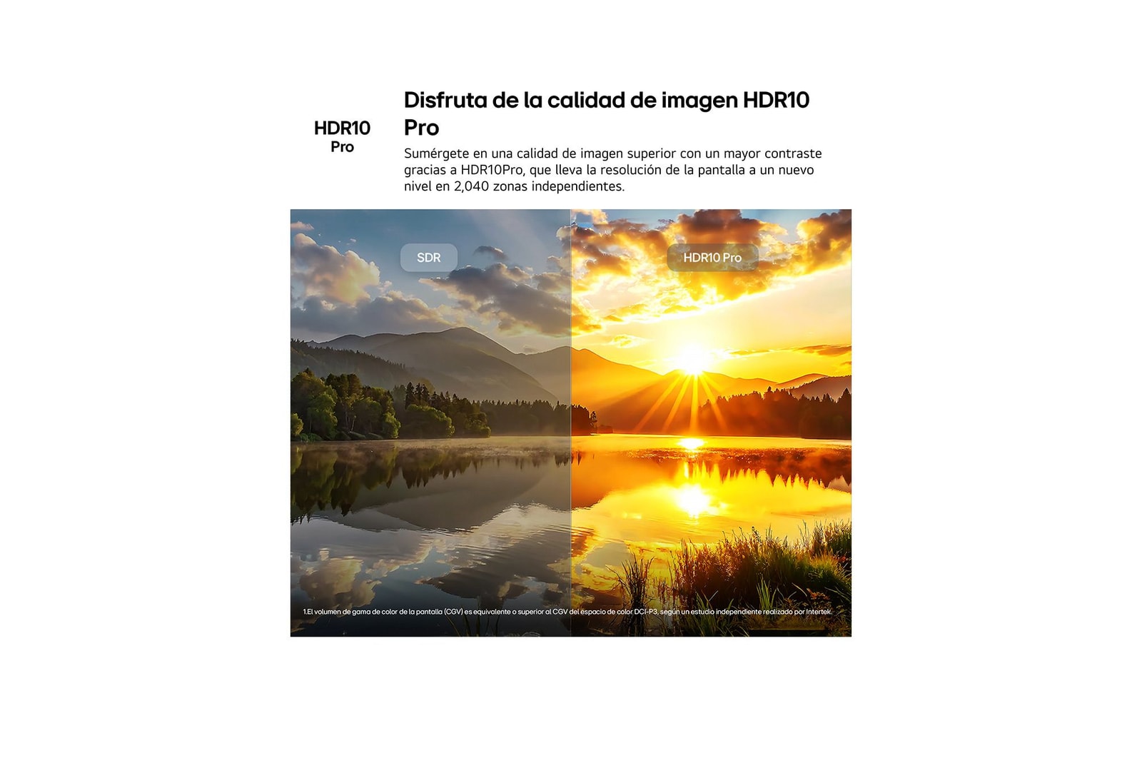 LG NANO 4K UHD AI NU85 highlights HDR10 Pro in a split scenic image comparing SDR and HDR10 Pro, revealing brighter highlights, deeper shadows, and enhanced contrast in a sunset lake scene for richer detail and clarity.