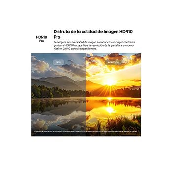 LG NANO 4K UHD AI NU85 highlights HDR10 Pro in a split scenic image comparing SDR and HDR10 Pro, revealing brighter highlights, deeper shadows, and enhanced contrast in a sunset lake scene for richer detail and clarity.