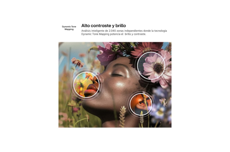 LG NANO 4K UHD AI NU85 enables 4K Super Upscaling with Dynamic Tone Mapping, showing a close-up portrait with flowers as AI refines each frame to enhance skin texture, fine details, and natural color up to 4K resolution.