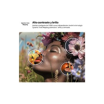 LG NANO 4K UHD AI NU85 enables 4K Super Upscaling with Dynamic Tone Mapping, showing a close-up portrait with flowers as AI refines each frame to enhance skin texture, fine details, and natural color up to 4K resolution.