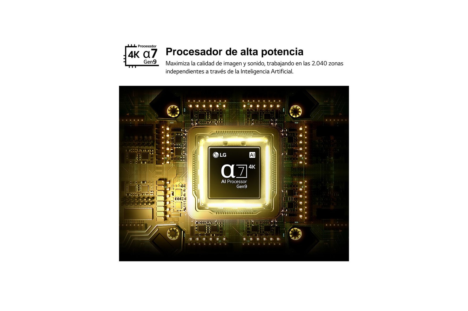 LG NANO 4K UHD AI NU85’s alpha 7 AI Processor 4K Gen9 glows at the center of a yellow circuit board, highlighting smarter, more powerful AI processing that enhances 4K image clarity with improved contrast and depth.