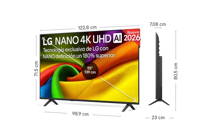LG NANO 4K UHD AI NU85 shown in front and side views highlights a 50-inch display with a 1112 mm-wide screen, 649 mm screen height, 711 mm height with stand, a 70.8 mm profile depth, and a stand footprint measuring 902 by 230 mm.