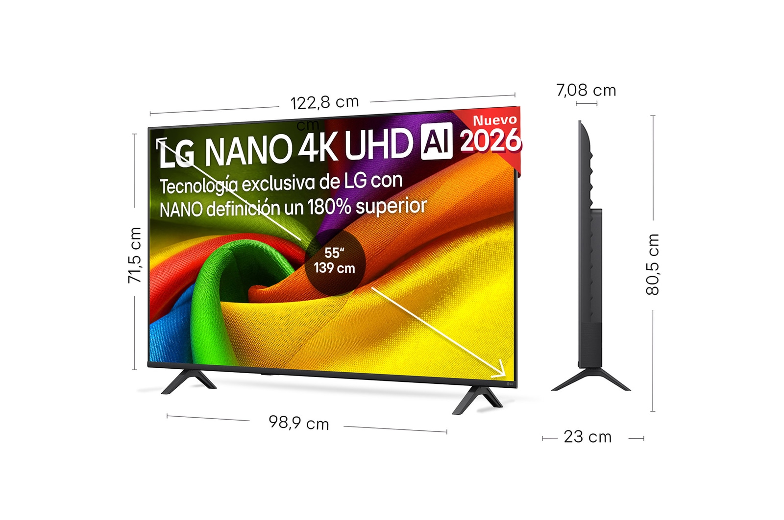 LG NANO 4K UHD AI NU85 shown in front and side views highlights a 50-inch display with a 1112 mm-wide screen, 649 mm screen height, 711 mm height with stand, a 70.8 mm profile depth, and a stand footprint measuring 902 by 230 mm.