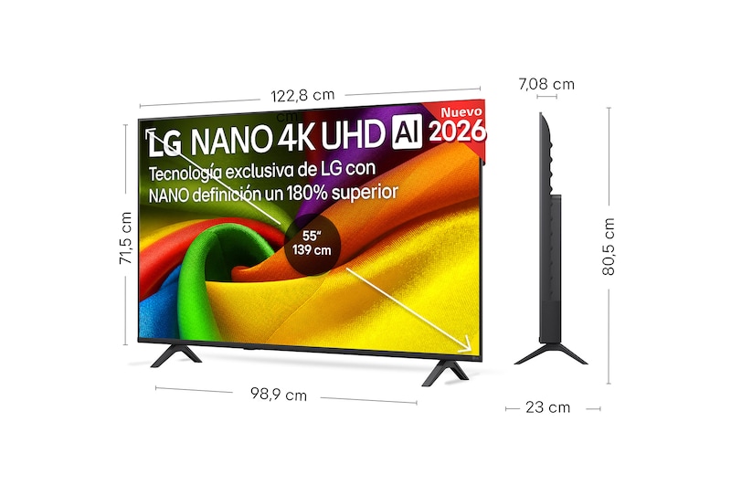 LG NANO 4K UHD AI NU85 shown in front and side views highlights a 50-inch display with a 1112 mm-wide screen, 649 mm screen height, 711 mm height with stand, a 70.8 mm profile depth, and a stand footprint measuring 902 by 230 mm.