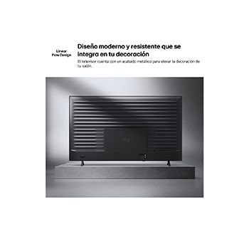 LG NANO 4K UHD AI NU85 is shown from the back, revealing a metallic rear panel with evenly spaced horizontal ridges that create a clean, structured look and emphasize the Linear Flow Design across the entire surface.