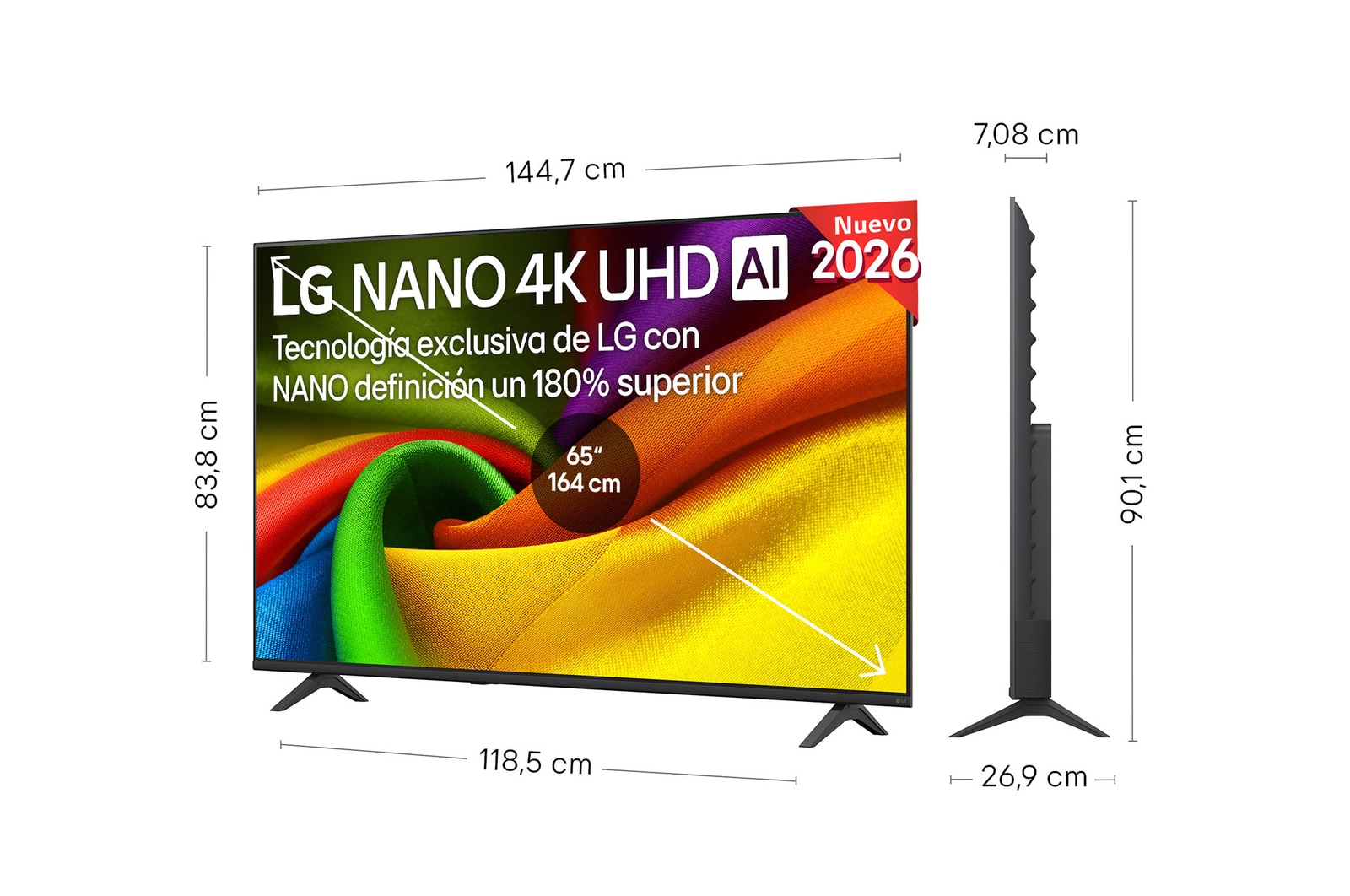 LG NANO 4K UHD AI NU85 shown in front and side views highlights a 65-inch display with a 1447 mm-wide screen, 838 mm screen height, 901 mm height with stand, a 70.8 mm profile depth, and a stand footprint measuring 1185 by 269 mm.