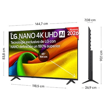LG NANO 4K UHD AI NU85 shown in front and side views highlights a 65-inch display with a 1447 mm-wide screen, 838 mm screen height, 901 mm height with stand, a 70.8 mm profile depth, and a stand footprint measuring 1185 by 269 mm.
