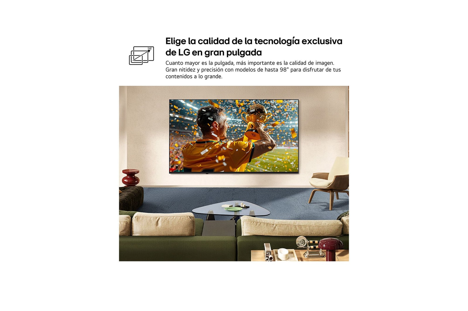 LG NANO 4K UHD AI NU85 Ultra Big TV is wall-mounted in a living space, showing a sports victory scene with confetti and a trophy, emphasizing vivid color, clear detail, and an immersive sense of scale.