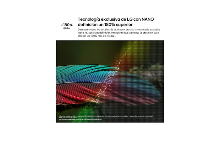 LG NANO 4K UHD AI NU85 with Nano Detail Enhancer shows a feather image, powered by the alpha AI Processor that detects fine textures to enhance contrast and depth and deliver a clearer, more three-dimensional 4K picture.